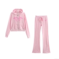 Women's Pink Velour Tracksuit Set Fashion Zip Up Hooded Sweatshirt and Drawstring Flare Leg Pants Two Piece Casual Loungewear Outfits for Women