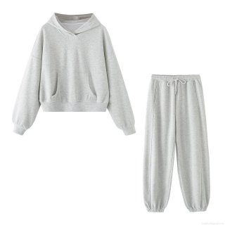 Women's Casual Hoodie and Jogger Set Heather Grey Polyester Spandex Solid Color Long Sleeve Hooded Sweatshirt Drawstring Sweatpants For Running Sports Loungewear
