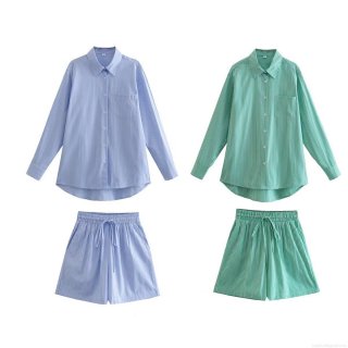 Women Striped Casual Two-Piece Set 100% Polyester Long Sleeve Lapel Button Shirt And Drawstring Shorts Homewear Loungewear Suit For Summer Spring