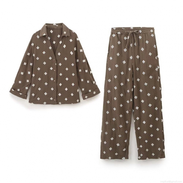 Women Casual Cotton Blend Double Gauze Shirt And Pants Set Embroidery Diamond Pattern Long Sleeve Button Down Top Drawstring Lounge Trousers Two Piece Outfits