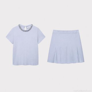 Women's Elegant Knit Two Piece Set Jeweled Neck Short Sleeve Top And High Waist Pleated Mini Skirt Summer Casual Office Wear Sweet Chic Outfits