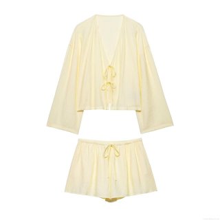 Women's 2-Piece Loungewear Set Pleated Texture Kimono Style Tie-Front Long Sleeve Top And Drawstring Waist Shorts Casual Summer Lightweight Outfit