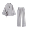 Women's Casual Loungewear Set Fashion Bow Tie Wrap V-Neck Long Sleeve Top And Elastic Waist Long Pants Two Piece Solid Color Comfortable Home Wear Outwear