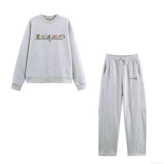 Women's Manhattan USA Letter Print Sweatshirt And Sweatpants Preppy Style Cotton Blend Long Sleeve Top And Elastic Waist Joggers Casual Loungewear Set