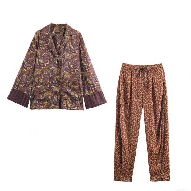 Women's Retro Paisley Print Satin Shirt And Pants Set Casual Long Sleeve Button Up Top And Elastic Waist Trousers Bohemian Style Loungewear Co-ord