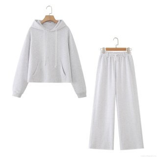 Women's 99% Cotton Soft Grey Knit Hoodie and Wide Leg Pants Set Raw Hem Casual Long Sleeve Loungewear Two-Piece Suit With Kangaroo Pocket