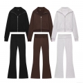 Women's 2-Piece Leisure Sweatset Cotton Blend Long Sleeve Zip Up Cropped Hoodie And High Waisted Flare Sweatpants Casual Lounge Tracksuit For Women