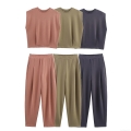 Women Washed Two Piece Loungewear Set Sleeveless Round Neck Padded Shoulder Top And High Waist Pleated Pants Streetwear Casual Solid Color Tracksuit