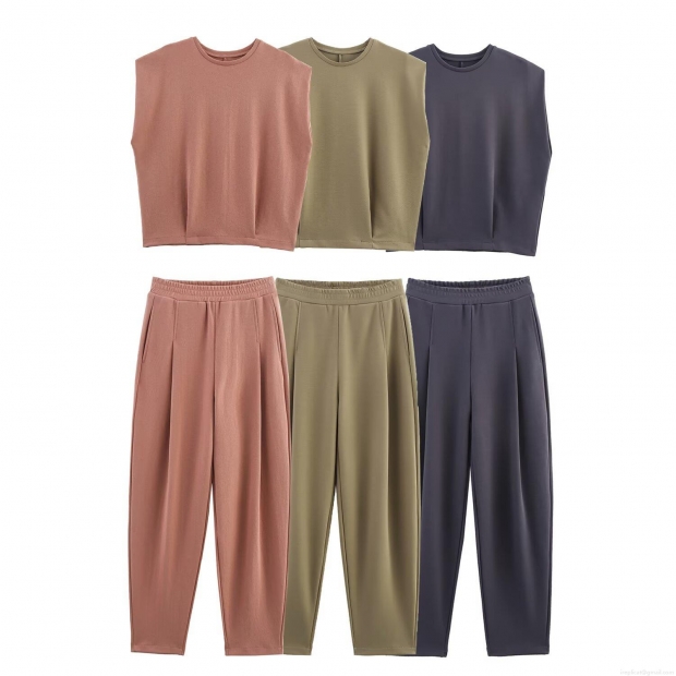 Women Washed Two Piece Loungewear Set Sleeveless Round Neck Padded Shoulder Top And High Waist Pleated Pants Streetwear Casual Solid Color Tracksuit
