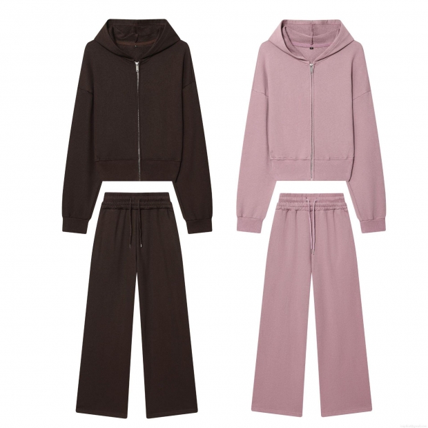 Women's Casual Cotton Blend Hooded Cropped Sweatshirt and Straight Leg Pants Set Fashion Solid Color Zip Up Hoodie Two Piece Loungewear For Women Streetwear