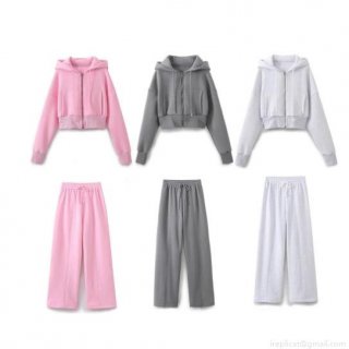 Women's Sporty Casual Short Hooded Zipper Sweatshirt And High Waist Wide Leg Pants Set Cotton Polyester Blend Lounge Tracksuit Activewear