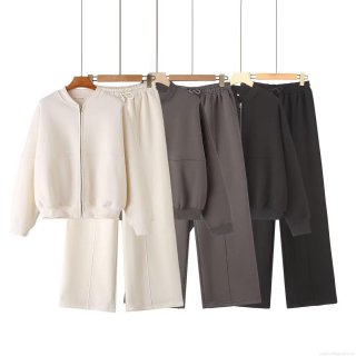 Women's Two Piece Fleece Lined Tracksuit Zip Up Stand Collar Sweatshirt And High Waist Wide Leg Pants Set Solid Casual Loungewear For Winter Autumn