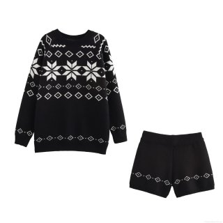 Women's Nordic Snowflake Geometric Knitted Sweater and Shorts Set Two Piece Casual Round Neck Long Sleeve Jacquard Winter Warm Lounge Wear Outfit