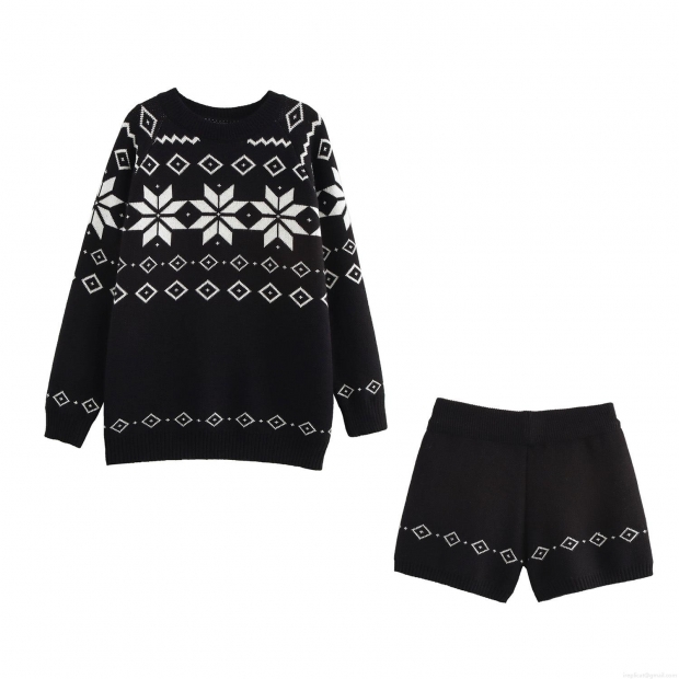 Women's Nordic Snowflake Geometric Knitted Sweater and Shorts Set Two Piece Casual Round Neck Long Sleeve Jacquard Winter Warm Lounge Wear Outfit