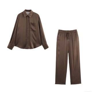 Women's Striped Satin Two Piece Loungewear Set Long Sleeve Button Down Shirt And Elastic Waist Drawstring Pants Casual Pajamas Sleepwear Home Wear