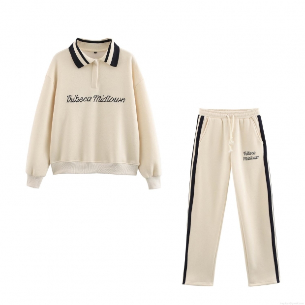 Women's Casual Two Piece Tracksuit Set Tribeca Midtown Print Polo Collar Long Sleeve Sweatshirt And Matching High Waist Drawstring Jogger Pants Cotton Blend Streetwear Sporty Lounge Set