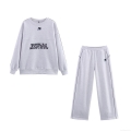 Women's Casual Knitted Two Piece Set Letter Print Round Neck Sweatshirt and Wide Leg Pants Streetwear Loungewear Outfit Heather Grey