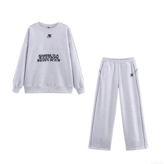 Women's Casual Knitted Two Piece Set Letter Print Round Neck Sweatshirt and Wide Leg Pants Streetwear Loungewear Outfit Heather Grey