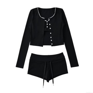 Women's 3-Piece Ribbed Knit Loungewear Set Lace Trim Long Sleeve Button Up Cardigan Camisole And Drawstring Shorts Casual Home Wear Sporty Suit