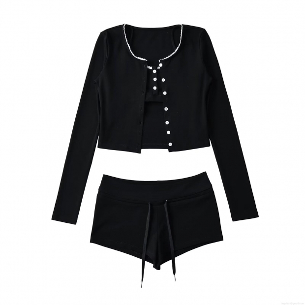 Women's 3-Piece Ribbed Knit Loungewear Set Lace Trim Long Sleeve Button Up Cardigan Camisole And Drawstring Shorts Casual Home Wear Sporty Suit