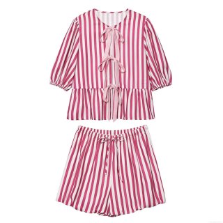 Women's Striped 100% Polyester Two Piece Set With Bow Tie Ruffle Puff Sleeve Top And Drawstring Waist Shorts Casual Loungewear Pajamas