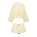 Women's Crinkle Texture Kimono Style Top And Shorts Set 100% Polyester Solid Pale Yellow V-Neck Tie-Front Casual Loungewear Two Piece Outfit Streetwear Summer Vacation Beach Wear For Women