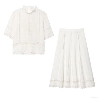 Women's Two Piece Set Crochet Hollow Out Short Sleeve Stand Collar Top And A-Line Midi Skirt Cotton Blend Casual Streetwear White Outfit