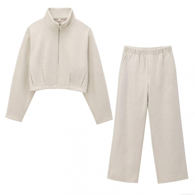 Women's Casual Loungewear Two Piece Set Soft Stand Collar Zipper Short Jacket And High Waist Wide Leg Straight Pants Milky White Streetwear Outfit