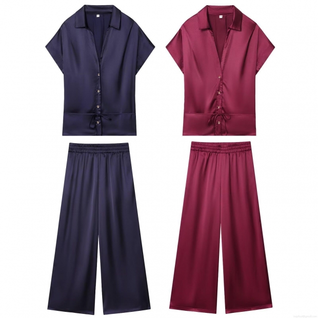 Women's Satin Silk Texture 2 Piece Set V-Neck Short Sleeve Button Up Belted Shirt And Wide Leg Long Pants Leisure Pajama Loungewear Suit For Women