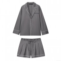 Women's 2 Piece Pajamas Set Contrast Piping Long Sleeve Button Down Shirt and Drawstring Waist Shorts Loungewear Set Home Wear