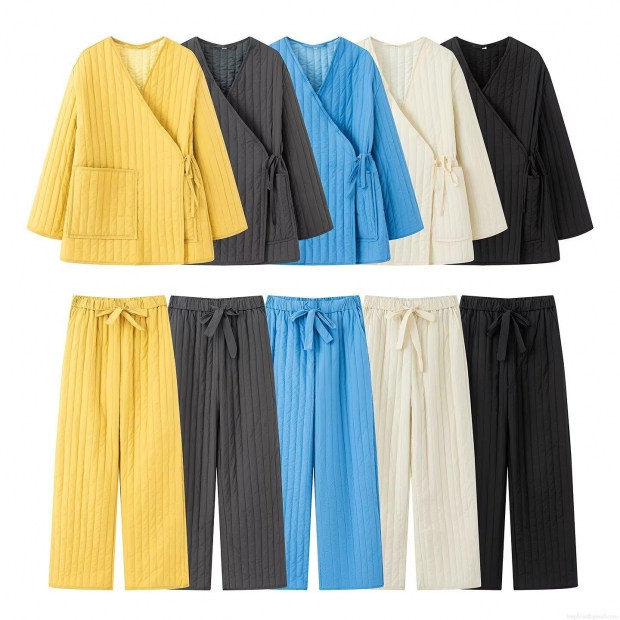 Women's Casual Quilted Loungewear Set Kimono Style Side Tie Top and Wide Leg Pants Two Piece Polyester Solid Color Warm Pajamas Set For Autumn Winter