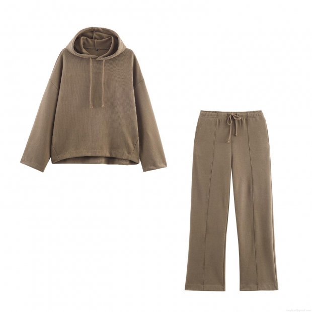 Women's Casual Cotton Blend Knit Hooded Sweatshirt And Wide Leg Pants Two Piece Set Loose Soft Loungewear Tracksuit For Daily Home Wear