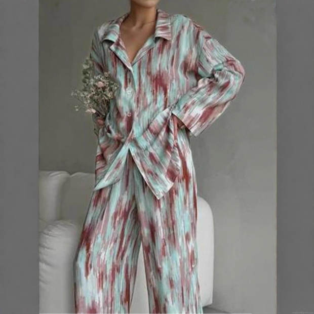 Women's Casual Lounge Set Polyester Abstract Floral Print Long Sleeve Button Down Shirt and Wide Leg Pants Relaxed Fit 2 Piece Tracksuit Pajama Set Autumn Fashion
