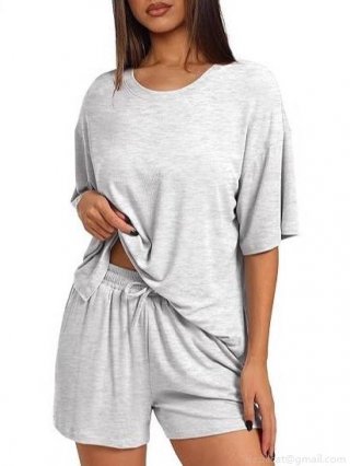 Women's Summer Casual Loungewear Set Polyester Spandex Oversized Short Sleeve T-Shirt And Drawstring Shorts Two-Piece Set Solid Color Round Neck Home Wear