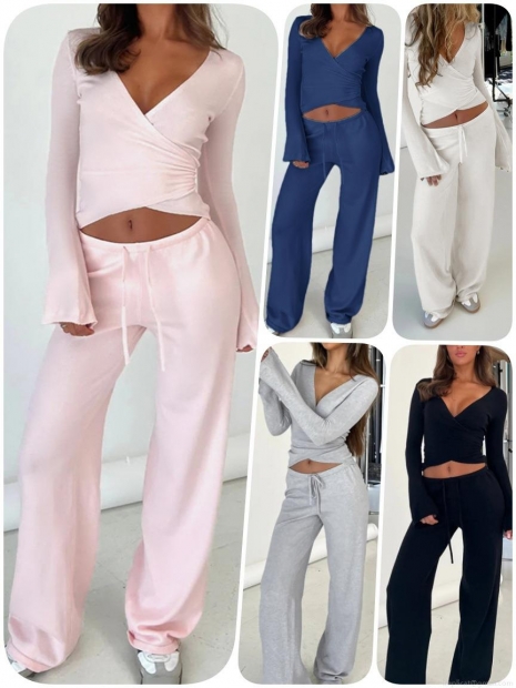 Women's 2 Piece Lounge Set Fleece Lined V Neck Wrap Long Sleeve Crop Top High Waisted Drawstring Wide Leg Pants Ribbed Knit Outfits Casual Tracksuit