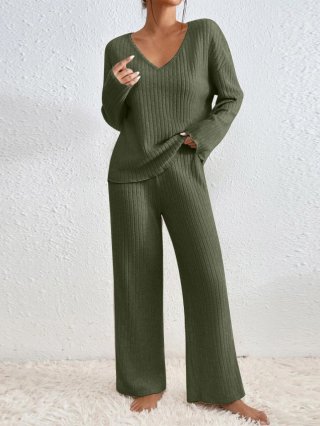 Women's Ribbed Knit Loungewear Set V-Neck Long Sleeve Top and Wide Leg Pants Two Piece Outfits Casual Loose Fit Soft Home Wear Suits