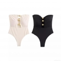 Women's Sexy Strapless One-Piece Swimsuit Hollow Out Bodycon Bodysuit With Gold Sphere Buttons Slim Fit High Elastic Polyester Swimwear For Beach Vacation Summer