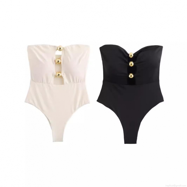 Women's Sexy Strapless One-Piece Swimsuit Hollow Out Bodycon Bodysuit With Gold Sphere Buttons Slim Fit High Elastic Polyester Swimwear For Beach Vacation Summer