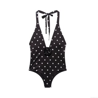 Women's One Piece Swimsuit Vintage Polka Dot Halter Neck Bathing Suit With 3D Rose Flower Sexy Deep V-Neck Slim Fit Beachwear Monokini