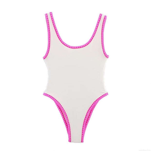 Women's One Piece Swimsuit White Pink Contrast Scalloped Trim High Stretch Beach Swimwear Summer Vacation Bathing Suit For Women