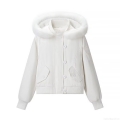 Women's Short Hooded Cotton Padded Jacket With Faux Fur Collar Warm Winter Outerwear Ribbed Cuffs Solid White Loose Fit Puffer Coat For Casual Daily Streetwear