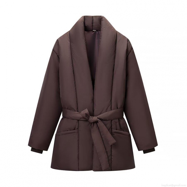 Women's Loose Fit V-Neck Puffer Jacket Solid Color Belted Warm Winter Coat Casual Mid-Length Polyester Quilted Outerwear With Large Pockets Deep Brown