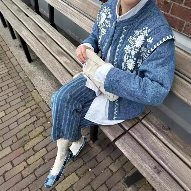 Women Vintage Ethnic Floral Embroidered Quilted Denim Padded Jacket Warm Stand Collar Loose Outwear Winter Fashion Coat