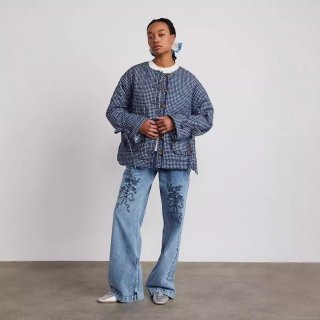 Women's Retro Gingham Quilted Jacket Round Neck Button Down Casual Coat with Ruffles and Drawstring Cuffs Vintage Long Sleeve Outerwear