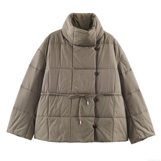 Women's Quilted Padded Jacket Polyester Long Sleeve Stand Collar Single Breasted Coat With Belt Winter Warm Streetwear Loose Outerwear