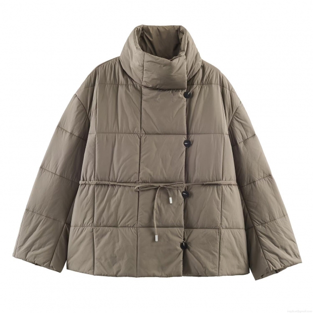 Women's Quilted Padded Jacket Polyester Long Sleeve Stand Collar Single Breasted Coat With Belt Winter Warm Streetwear Loose Outerwear