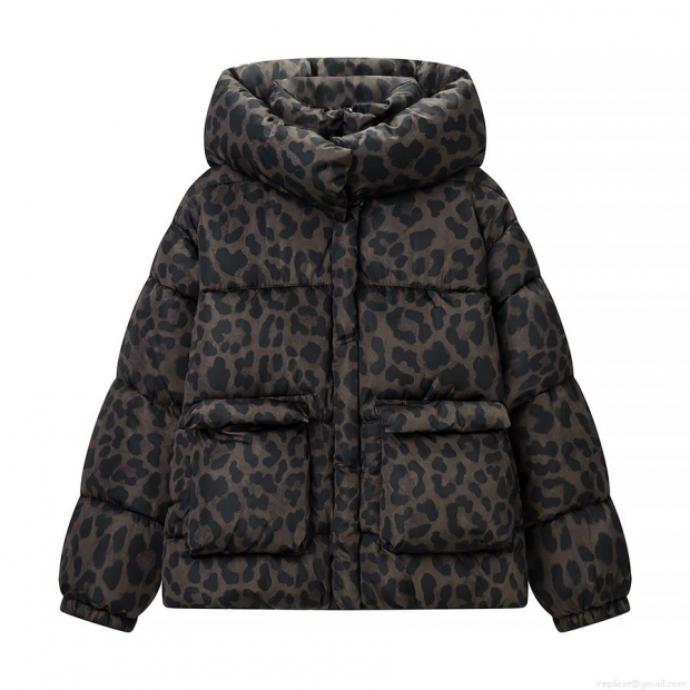 Women's Leopard Print Hooded Puffer Jacket Casual Warm Polyester Padded Coat with Pockets Long Sleeve Zip Up Outerwear for Winter Streetwear