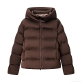 Women's Shiny Hooded Padded Jacket Fashion Loose Horizontal Quilted Winter Coat Warm Windproof Outwear Streetwear Casual Solid Color Polyester Brown