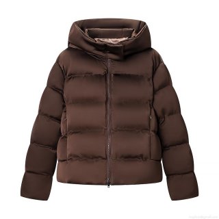 Women's Shiny Hooded Padded Jacket Fashion Loose Horizontal Quilted Winter Coat Warm Windproof Outwear Streetwear Casual Solid Color Polyester Brown