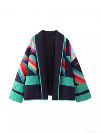 Women's Streetwear Quilted Padded Jacket Geometric Print Color Block Open Front V-Neck Loose Outerwear Autumn Winter Casual Polyester Coat